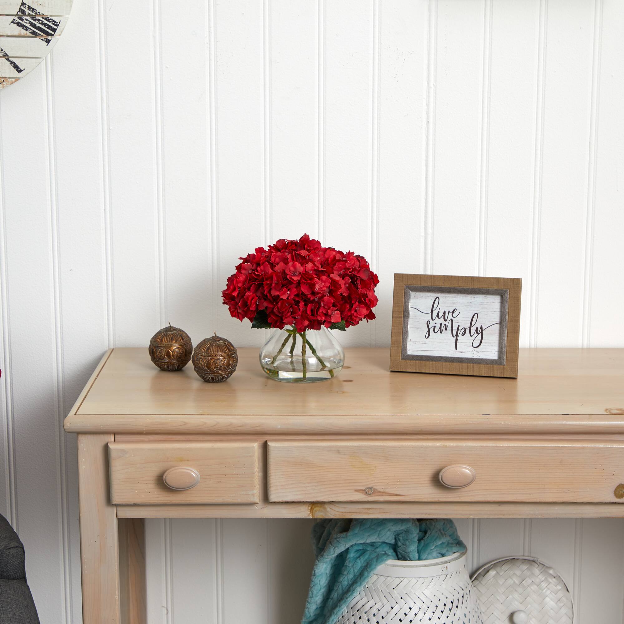 8.5" Red Hydrangea Arrangement in Glass Vase